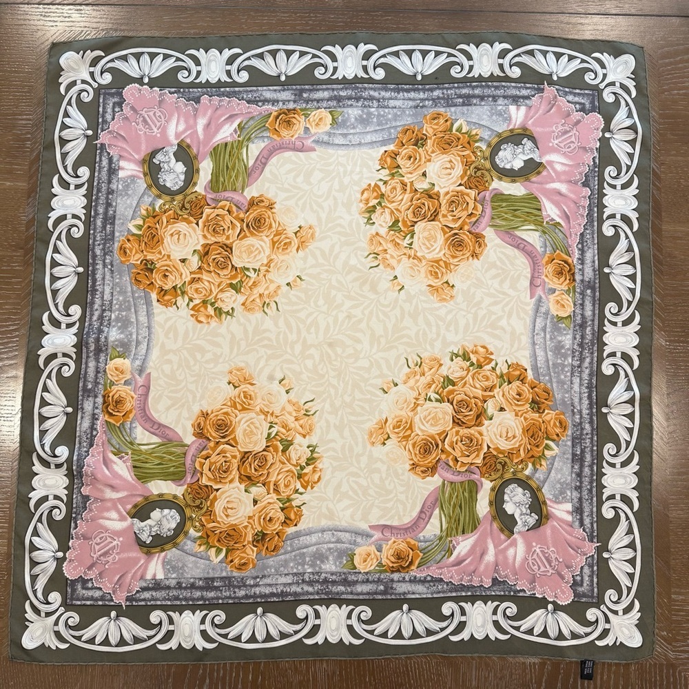 Authentic Christian Dior Silk Scarf with Orange and Gray Accents